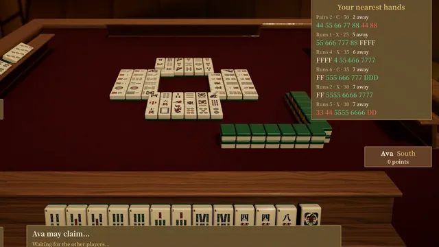 An American game in progress: the player's rack of tiles, a panel listing the nearest hands on the House Card, and tiles laid out at the center of the table.