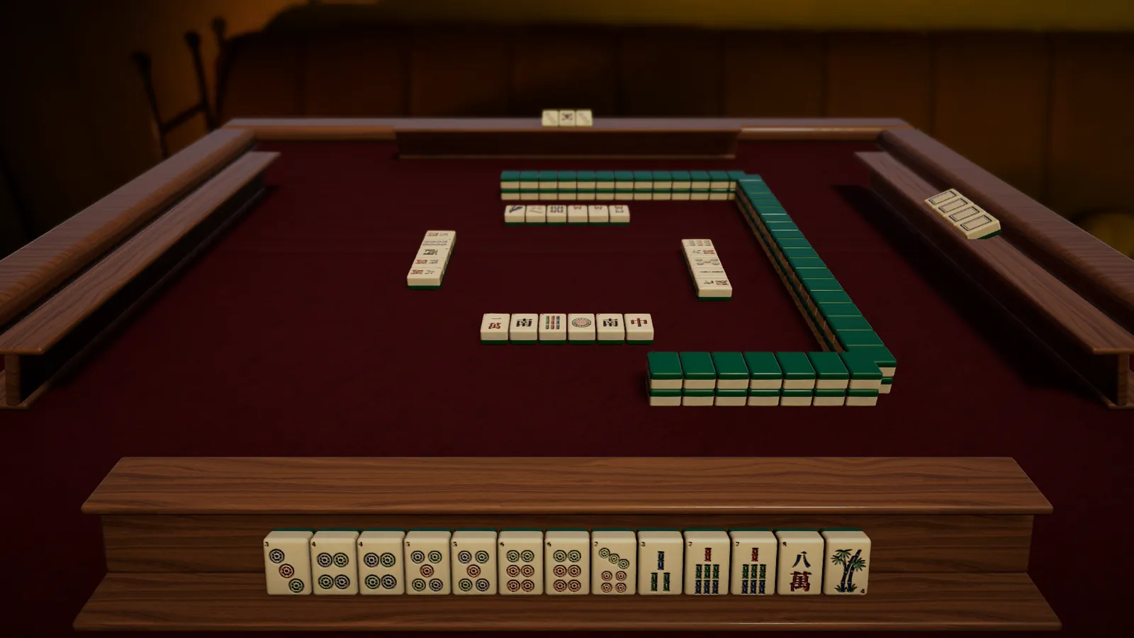 The mahjong table seen from the player's seat: a burgundy felt table with a walnut frame, tiles in the wall and discards in the middle, and your rack of ivory tiles in front.