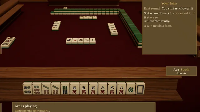 A Hong Kong hand: the player's rack with a panel showing the current faan count and how many tiles away a win is.