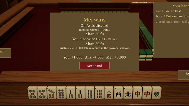 A Riichi result panel: a double win on one discard, itemised in han and fu, with riichi sticks counted in the payments.