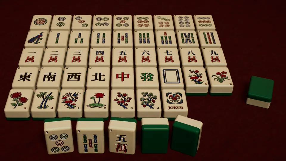 A close view of the tile set: rows of ivory tiles showing dots, bamboo, characters, winds, dragons, flowers, seasons and a joker, with a few jade-backed tiles in front.