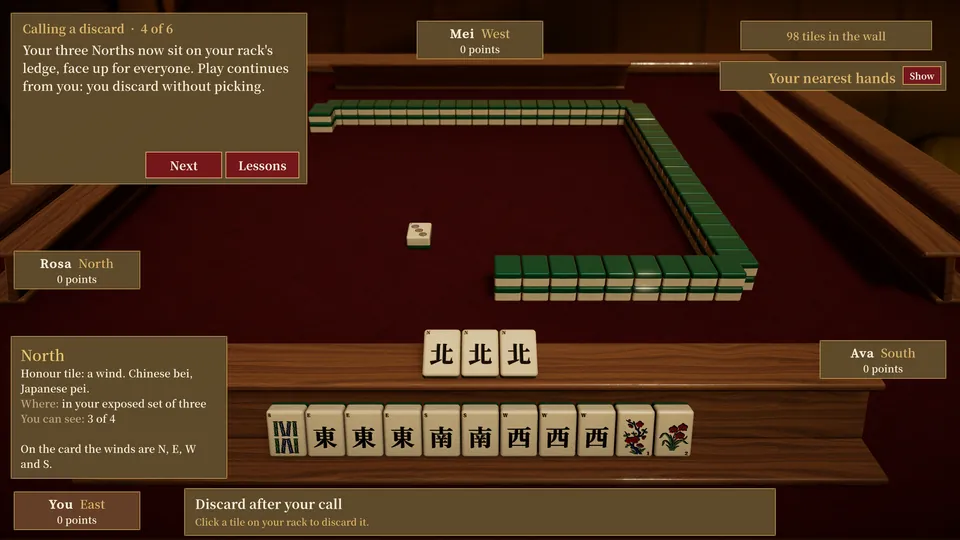 A lesson in progress: a card at the top left explains calling a discard, a note explains what a North tile is, and the player's rack holds three Norths in the exposed set.
